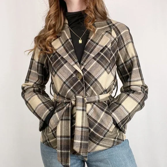 Vintage Plaid Tartan Wool Belted Oversized Blazer Jacket Pea Coat Preppy Fall - Picture 2 of 7